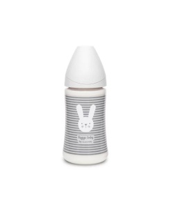 Biberon 270 ml cu tetină rotundă din silicon, 3 fluxuri, iepuraș cu lunii gri, Hygge Suavinex