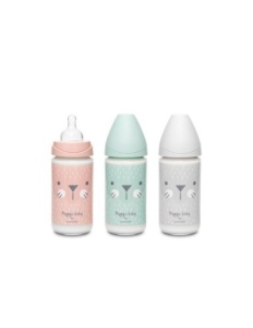 Biberon din sticlă 240 ml cu tetină rotundă din silicon, 3 fluxuri, pisică gri Hygge Suavinex - Img 5