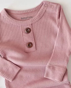 Salopeta cu maneca lunga si pantaloni lungi din bumbac organic si modal - Roz BabyCosy - Img 2