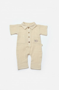 Salopeta cu maneca scurta si nasturei Sheep, 100% bumbac - Stone, BabyCosy