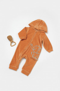 Salopeta Elefant cu maneca lunga si gluga din 80%bumbac organic si 20% poliester - Caramiziu, BabyCosy