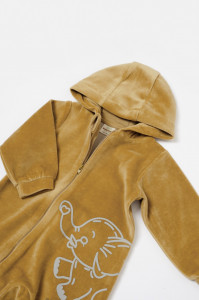 Salopeta Elefant cu maneca lunga si gluga din 80%bumbac organic si 20% poliester - Mustar, BabyCosy