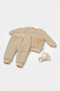 Set bluza dublata si pantaloni Ursulet, Winter muselin - Apricot, BabyCosy