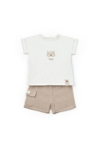 Set tricou ecru cu pantaloni scurti TeddyBear, 100% bumbac organic, BabyCosy