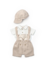 Set tricou, salopeta si sapca TeddyBear, 100% bumbac organic, BabyCosy