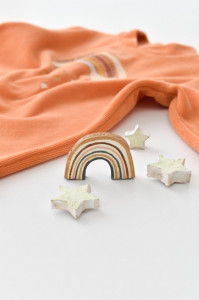 Salopeta Curcubeu cu maneca lunga si botosei din 80%bumbac organic si 20% poliester - Portocaliu, BabyCosy - Img 8
