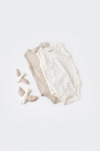 Set 2 body-uri fara maneci bebe unisex -100% bumbac organic - Ecru cu buline, BabyCosy - Img 1