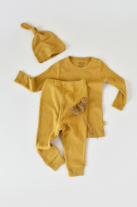 Set 3 piese: bluzita cu maneca lunga, pantaloni lungi si caciulita din bumbac organic si modal - Sofran, BabyCosy - Img 2
