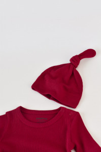 Set 3 piese: body cu maneca lunga, pantaloni lungi si caciulita din bumbac organic si modal - Rosu, BabyCosy - Img 6