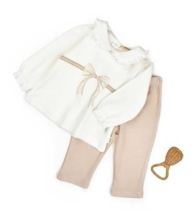 Set bluză cu volănaș și pantalonași, Bow, BabyCosy, 100%bumbac organic - Img 2