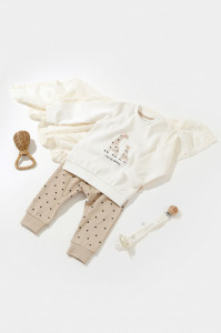 Set bluzita cu maneca lunga si panataloni lungi cu buline Girafa, BabyCosy, 100% bumbac organic, Ecru
