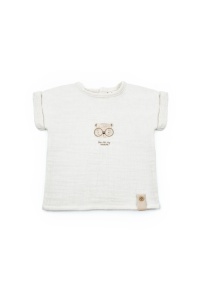 Set tricou ecru cu pantaloni scurti TeddyBear, 100% bumbac organic, BabyCosy
