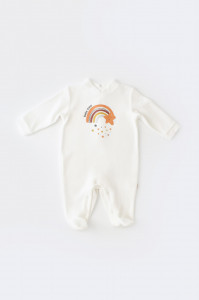 Salopeta Curcubeu cu maneca lunga si botosei din 80%bumbac organic si 20% poliester - Ecru, BabyCosy - Img 2