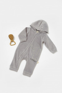 Salopeta Elefant cu maneca lunga si gluga din 80%bumbac organic si 20% poliester - Gri, BabyCosy