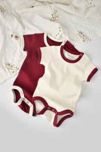 Set 2 body-uri Ribana Bebe Unisex din bumbac organic si 5%elastan - Ecru/Bordo, BabyCosy - Img 6