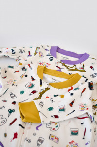 Set 2 salopetele cu maneca lunga si panataloni cu botosei si fermoar - 100%bumbac organic - Galben si Mov, Baby Cosy