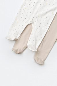 Set 2 salopetele cu maneca lunga si pantaloni lungi cu botosei - 100%bumbac organic - Ecru cu buline, BabyCosy - Img 4