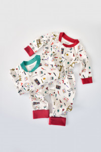 Set 2 salopetele cu maneca lunga si panataloni lungi cu fermoar - 100%bumbac organic - Rosu si Verde, Baby Cosy