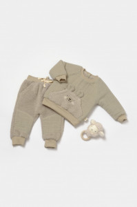 Set bluza cu buzunar si pantaloni Ursulet, Winter muselin, 100% bumbac dublat - Verde, BabyCosy