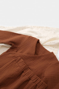 Set bluzita petrecuta si panataloni lungi din muselina, Baby Cosy, 100% bumbac organic, Caramiziu