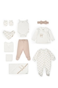 Set de 10 piese pentru nou nascut, Bow, stone, 100% bumbac organic, BabyCosy - Img 2