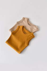 Set de 2 body-uri fara maneci din bumbac organic si modal - Mustar/Somon BabyCosy - Img 6