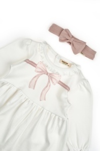 Set rochita cu bentita, Bow, BabyCosy, 100%bumbac organic, Powder - Img 4