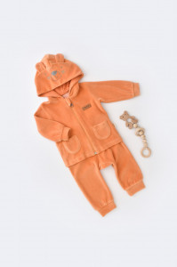 Set Ursulet cu bluzita cu fermoar si gluga si pantaloni lungi din 80%bumbac organic si 20% poliester - Portocaliu, BabyCosy