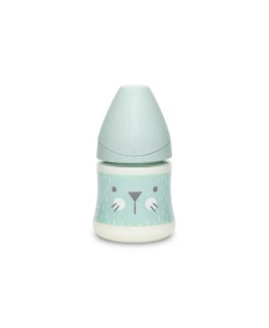 Biberon 150 ml cu tetină rotundă din silicon, debit lent, pisică verde Hygge Suavinex - Img 2