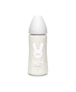 Biberon 360 ml cu tetină rotundă din silicon, debit dens, iepuraș gri Hygge Suavinex