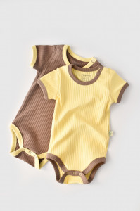 Set 2 body-uri Ribana Bebe Unisex din bumbac organic si 5%elastan - Vanilie/Maro BabyCosy - Img 3