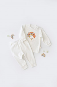Set Curcubeu cu bluzita cu maneca lunga si pantaloni lungi din 80%bumbac organic si 20% poliester - Ecru, BabyCosy