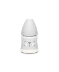 Biberon 150 ml cu tetină rotundă din silicon, debit lent, pisică gri Hygge Suavinex - Img 2