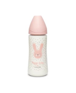 Biberon 360 ml cu tetină rotundă din silicon, debit dens, iepuraș roz Hygge Suavinex