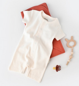 Salopeta cu pantaloni scurti - 100% bumbac organic - Ecru, BabyCosy - Img 2