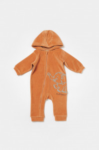 Salopeta Elefant cu maneca lunga si gluga din 80%bumbac organic si 20% poliester - Caramiziu, BabyCosy