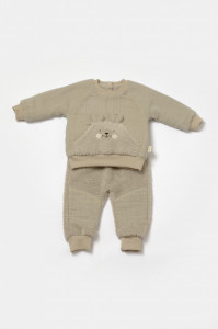 Set bluza cu buzunar si pantaloni Ursulet, Winter muselin, 100% bumbac dublat - Verde, BabyCosy