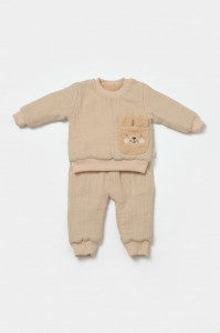 Set bluza dublata si pantaloni Ursulet, Winter muselin, 100% bumbac - Apricot, BabyCosy