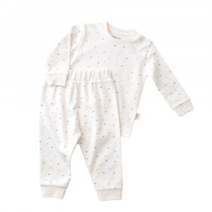 Set bluzita cu maneca lunga si pantaloni lungi - bumbac organic 100% - Ecru cu buline, BabyCosy