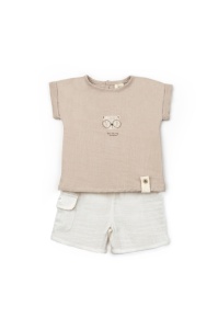 Set tricou maro cu pantaloni scurti TeddyBear, 100% bumbac organic, BabyCosy