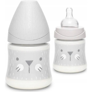 Biberon 150 ml cu tetină rotundă din silicon, debit lent, pisică gri Hygge Suavinex - Img 3