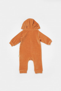 Salopeta Elefant cu maneca lunga si gluga din 80%bumbac organic si 20% poliester - Caramiziu, BabyCosy
