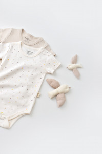 Set 2 body-uri bebe unisex -100% bumbac organic - Ecru cu buline, BabyCosy - Img 3