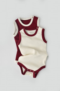 Set 2 body-uri fara maneci Ribana Bebe Unisex din bumbac organic si 5%elastan - Ecru/Bordo BabyCosy - Img 6