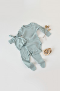Set 4 piese: bluza, pantaloni, caciulita si manusi din bumbac organic si modal - Mint, BabyCosy - Img 2
