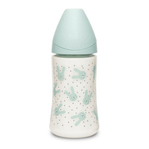 Biberon 270 ml cu tetină rotundă din silicon, 3 fluxuri, iepuraș verde Hygge Suavinex