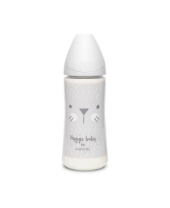 Biberon 360 ml cu tetină rotundă din silicon, debit dens, pisică gri Hygge Suavinex