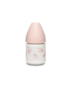 Biberon din sticlă 120 ml cu tetină rotundă din silicon, debit lent, iepuraș roz Hygge Suavinex - Img 2