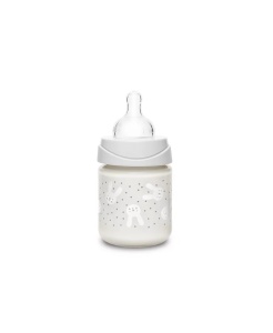 Biberon din sticlă 120 ml cu tetină rotundă din silicon, debit lent, iepuraș verde Hygge Suavinex - Img 3