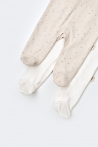 Set 2 salopetele cu maneca lunga si pantaloni lungi cu botosei - 100%bumbac organic - Crem cu buline, BabyCosy - Img 3